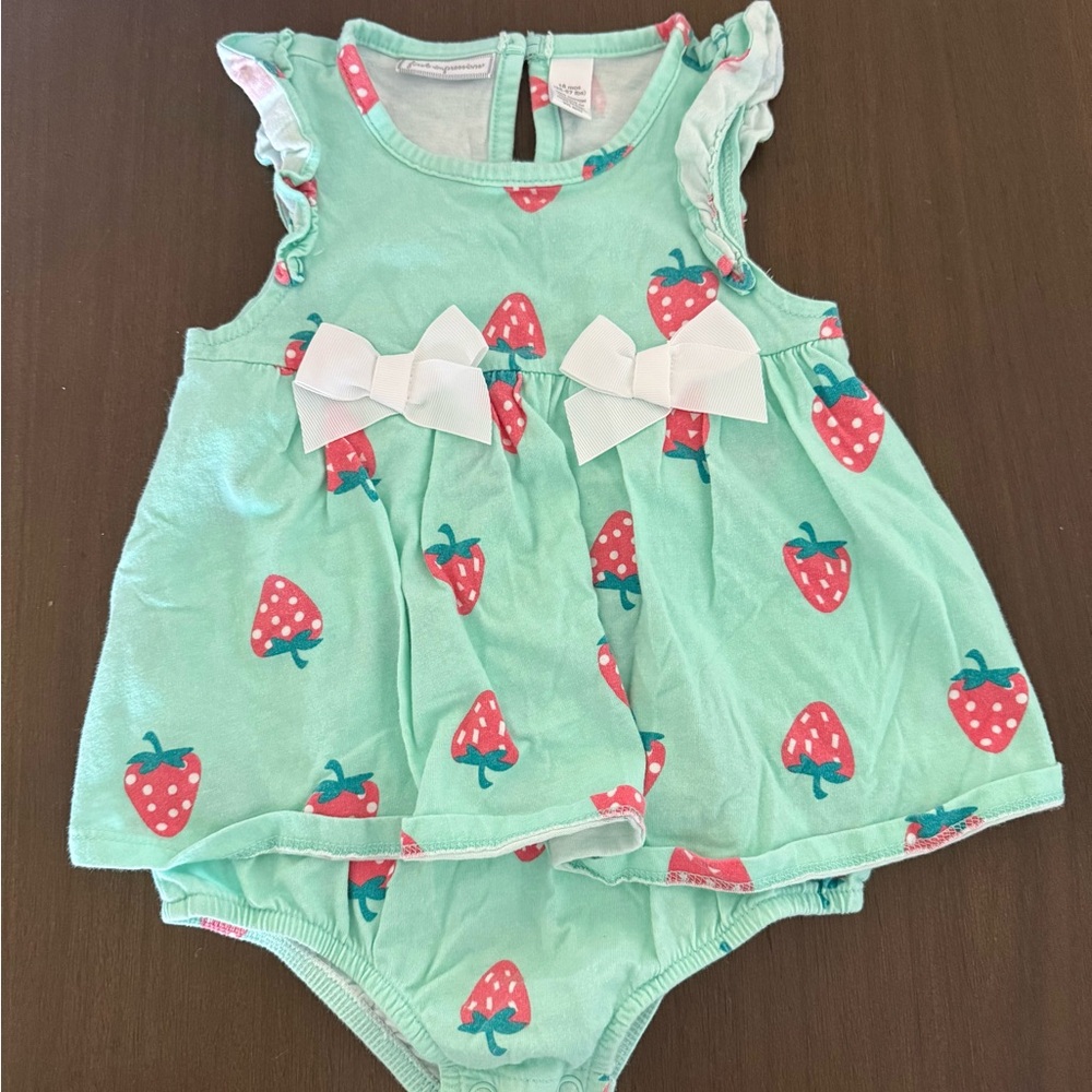First Impressions Mint Green Strawberry Print Skirted Bodysuit